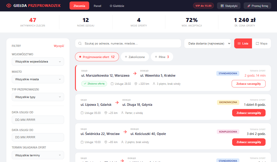 Przeprowadzki - panel giełdy przeprowadzek